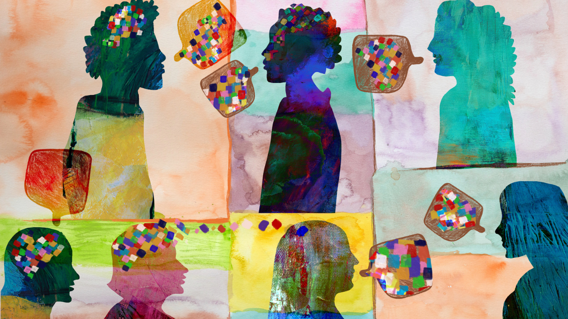Colourful silhouettes with speech bubbles filled with colour.