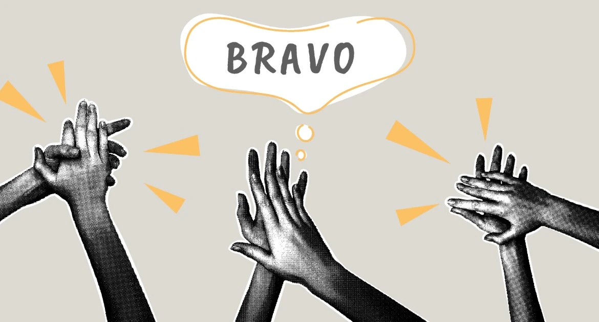 Illustration of hands clapping and a speech bubble saying Bravo.
