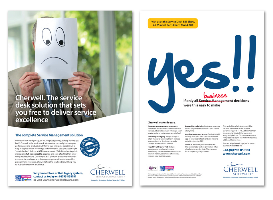 Cherwell Software print advertisements, online banner ads and HTML by Marcom, Bath