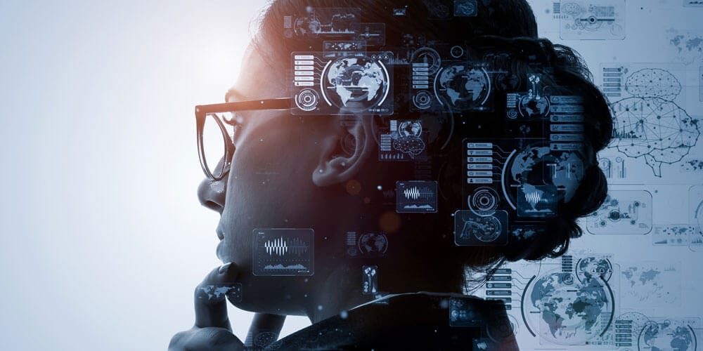 A woman with an overlay of different icons